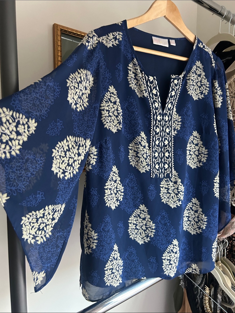 Belle S dark Boho Floral Navy cream Kimono Sleeve Top